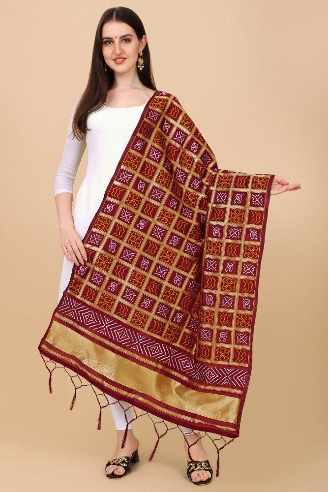 Maroon silk Zalhar Work Duppatta, traditional wear for women, length 223 meters (2.23m wide, 36 inches)