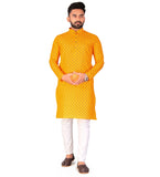 Men's Cotton Blend Straight Printed Kurta (Yellow) - GillKart
