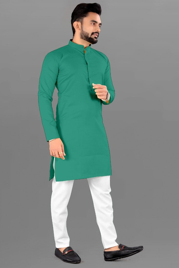 Men's Cotton Blend Straight Solid Kurta (Green) - GillKart