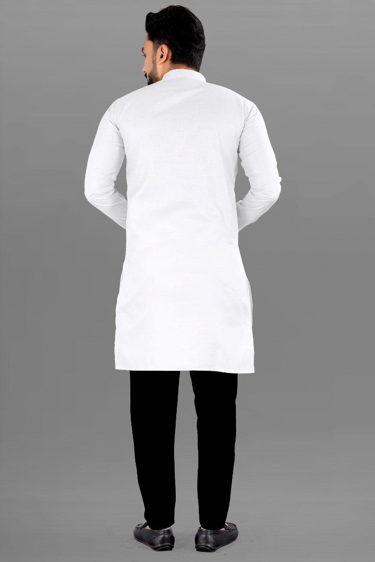 Men's Cotton Blend Straight Solid Kurta (White) - GillKart