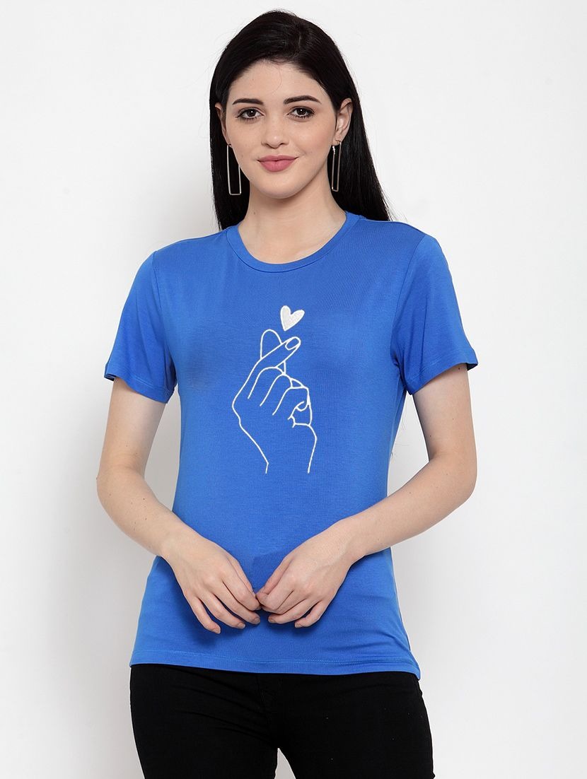 Women's Cotton Blend Hand Heart Line Art Printed T-Shirt (Blue) - GillKart