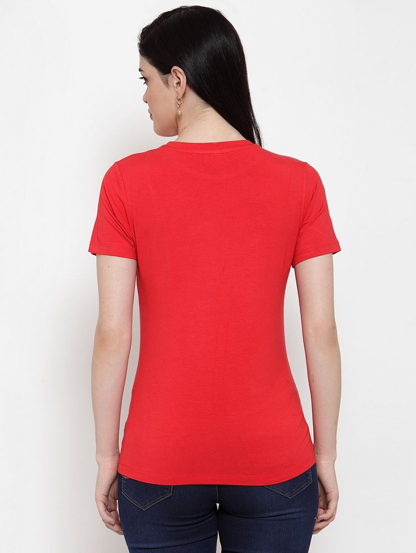 Women's Cotton Blend Heart Hands Line Art Printed T-Shirt (Red) - GillKart