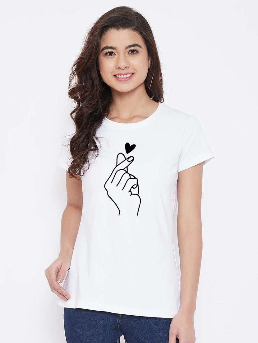 Women's Cotton Blend Hand Heart Line Art Printed T-Shirt (White) - GillKart