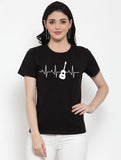 Women's Cotton Blend Bass Guitar Heartbeat Line Art Printed T-Shirt (Black) - GillKart