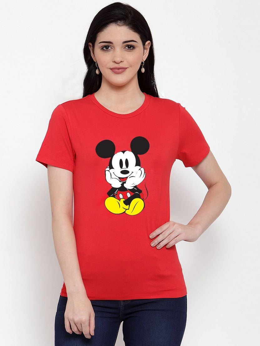 Women's Cotton Blend Mickey Mouse Printed T-Shirt (Red) - GillKart