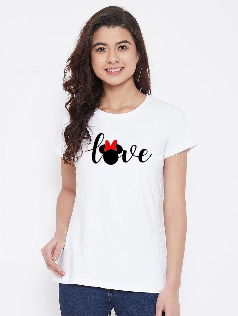 Women's Cotton Blend Love Printed T-Shirt (White) - GillKart
