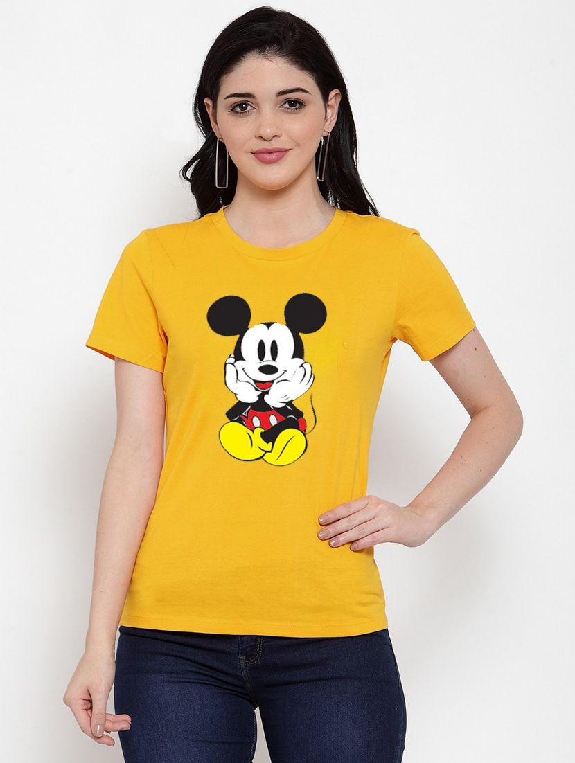 Women's Cotton Blend Mickey Mouse Printed T-Shirt (Yellow) - GillKart