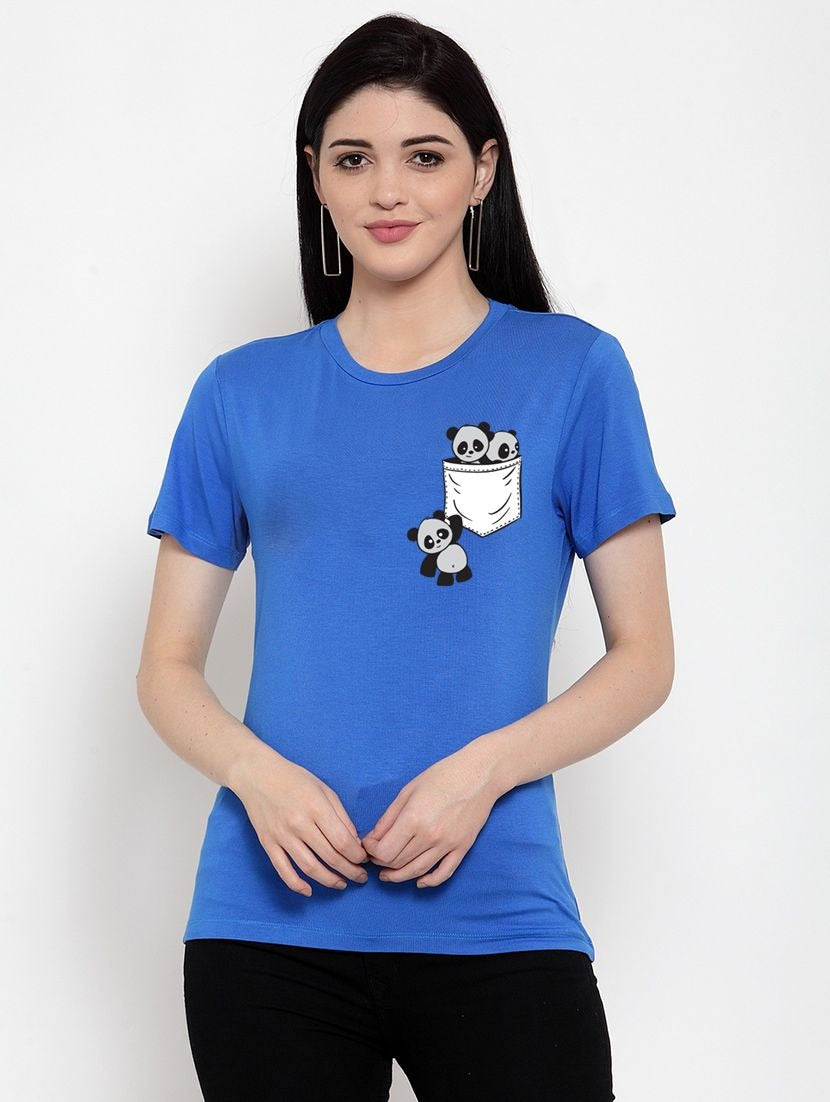 Women's Cotton Blend Pandas In My Pocket Printed T-Shirt (Blue) - GillKart