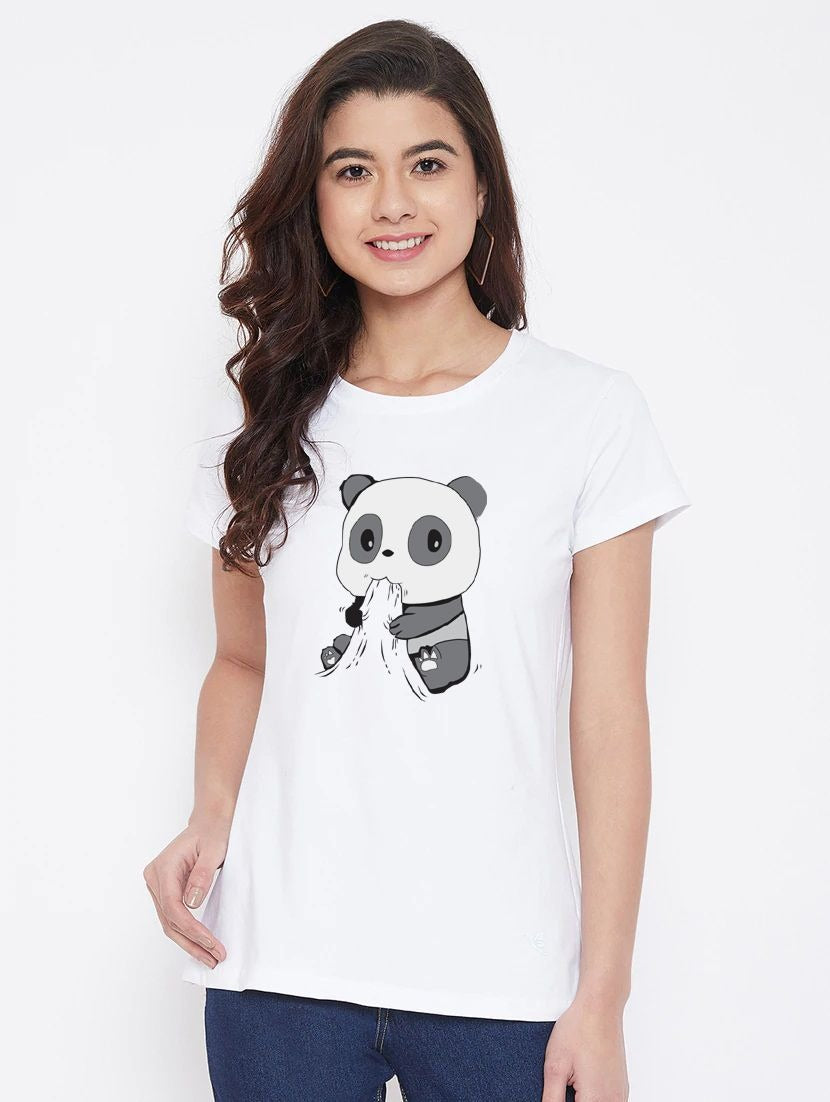 Women's Cotton Blend Panda Bites Printed T-Shirt (White) - GillKart