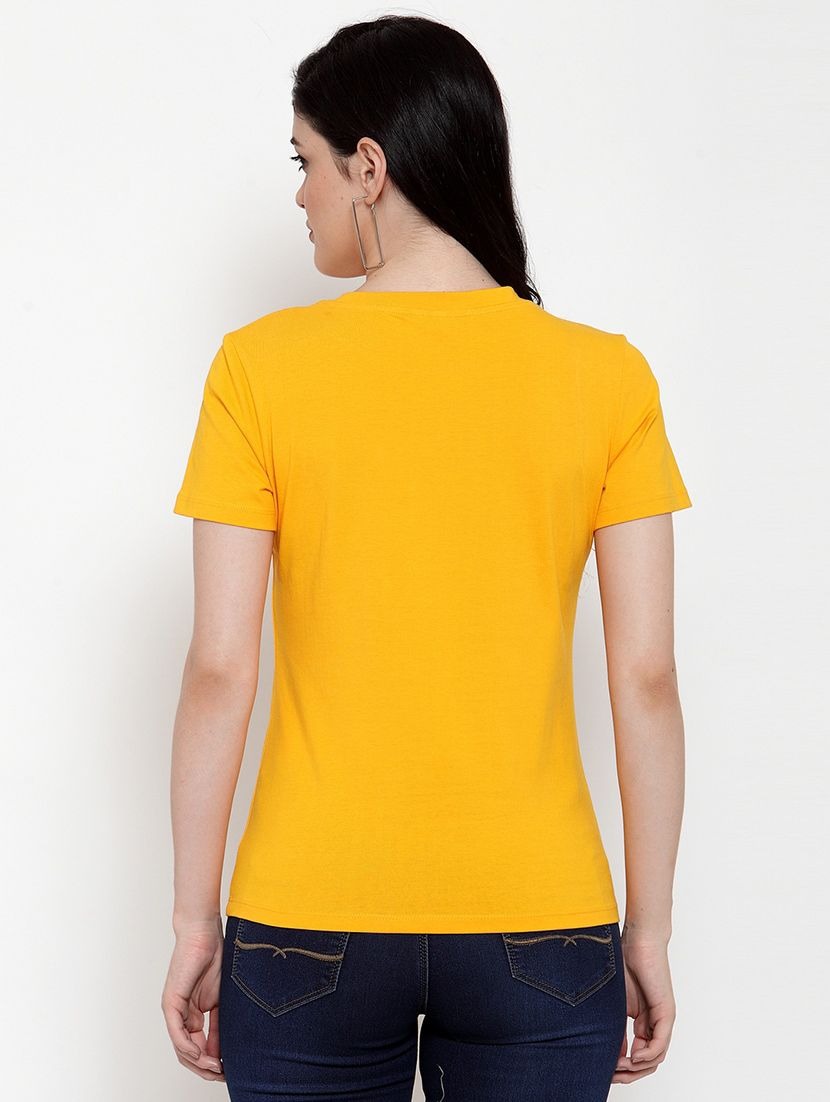Women's Cotton Blend Hand Heart Line Art Printed T-Shirt (Yellow) - GillKart