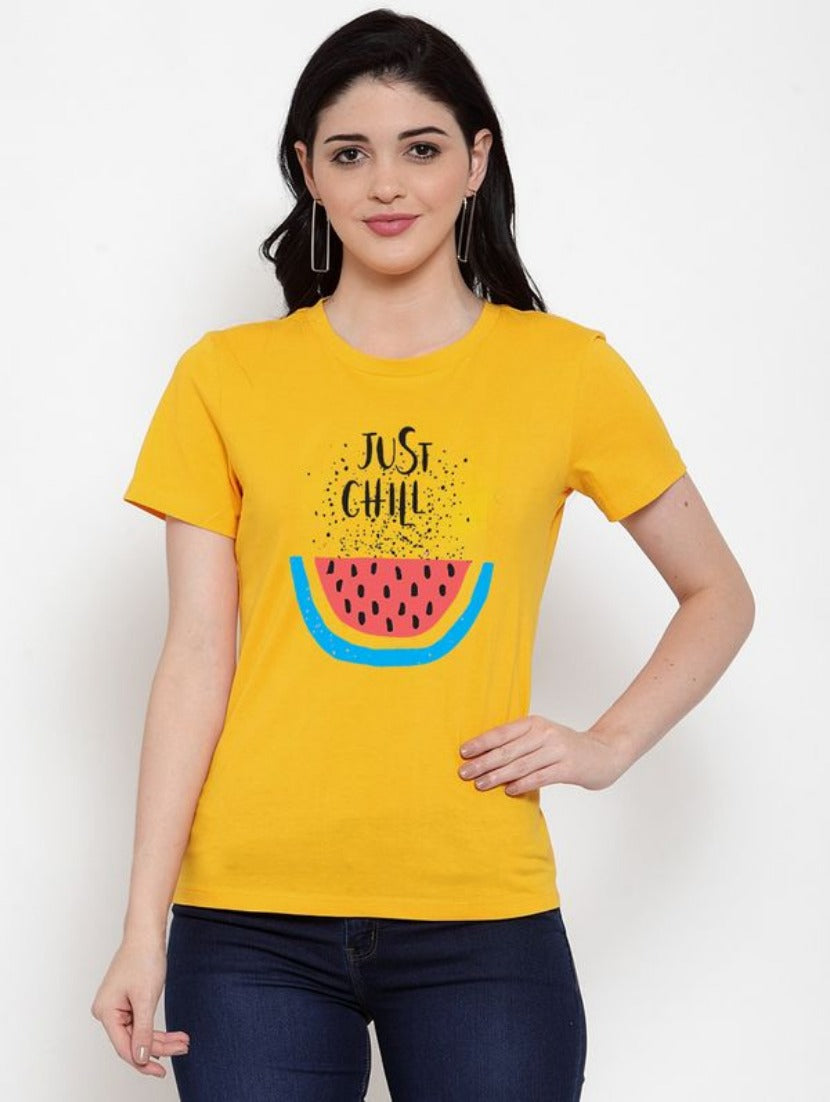 Women's Cotton Blend Just Chill Printed T-Shirt (Yellow) - GillKart