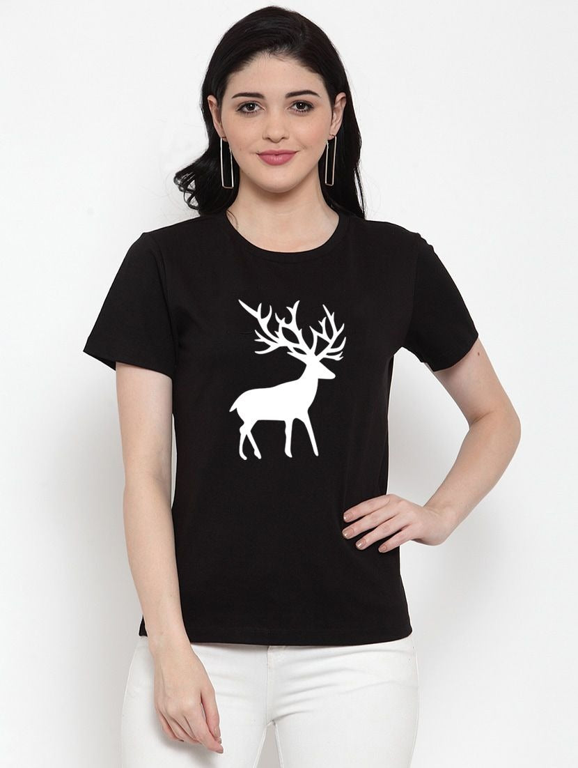 Women's Cotton Blend Deer Printed T-Shirt (Black) - GillKart