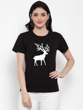 Women's Cotton Blend Deer Printed T-Shirt (Black) - GillKart