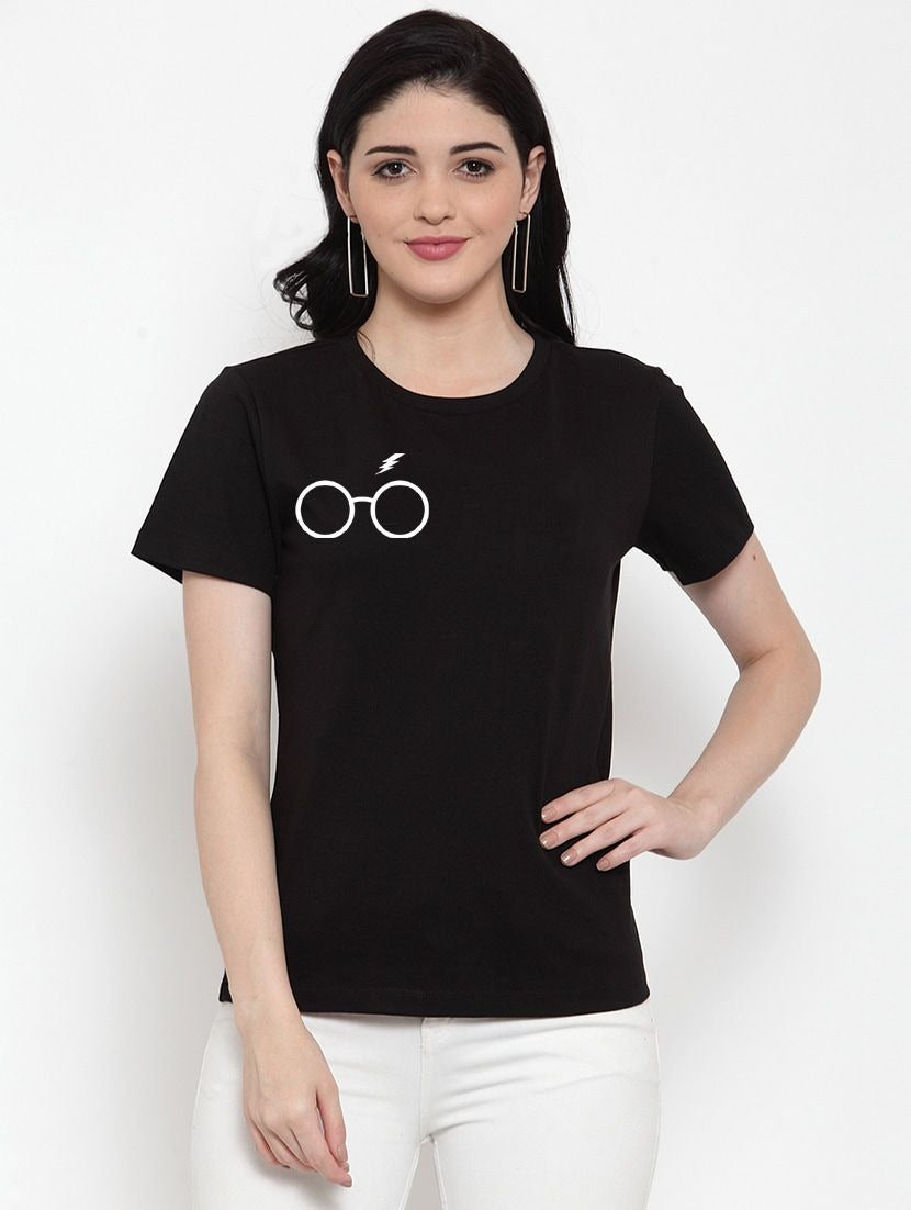 Women's Cotton Blend Right Corner Black Eye Glasses Line Art Printed T-Shirt (Black) - GillKart
