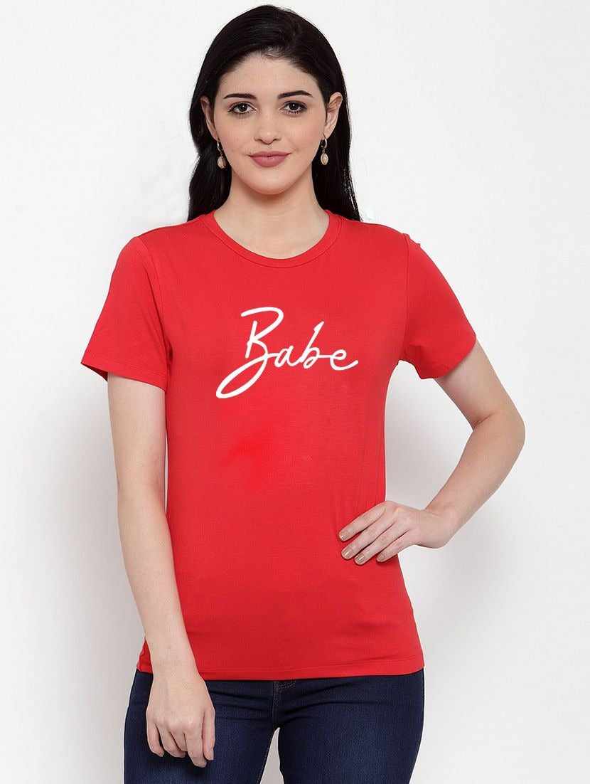Women's Cotton Blend Babe Printed T-Shirt (Red) - GillKart