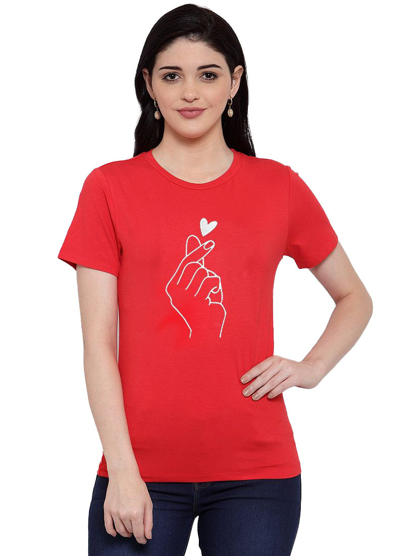 Women's Cotton Blend Hand Heart Line Art Printed T-Shirt (Red) - GillKart