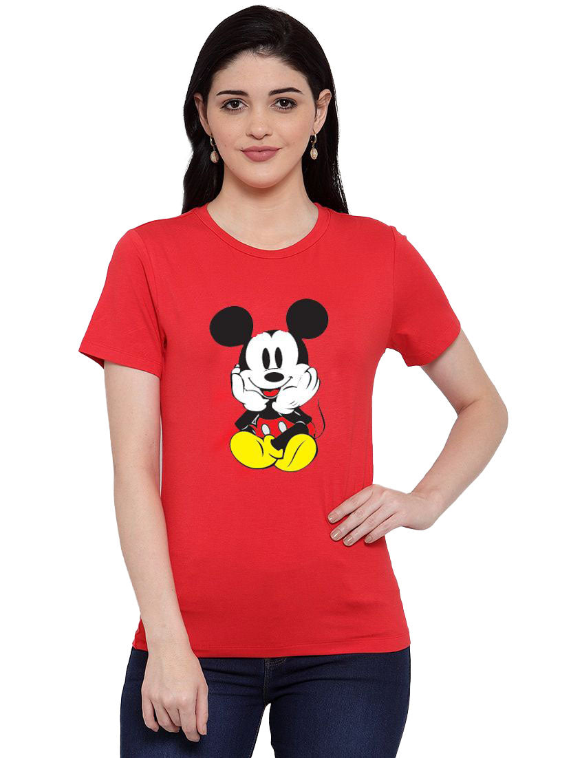 Women's Cotton Blend Mickey Mouse Printed T-Shirt (Red) - GillKart