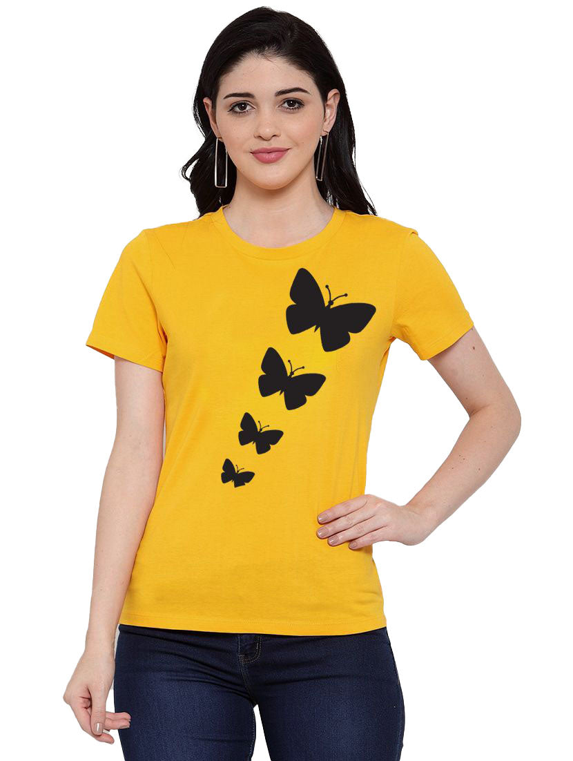 Women's Cotton Blend Butterflies Printed T-Shirt (Yellow) - GillKart