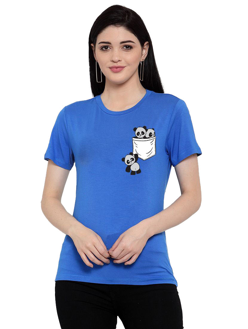 Women's Cotton Blend Pandas In My Pocket Printed T-Shirt (Blue) - GillKart