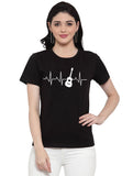 Women's Cotton Blend Bass Guitar Heartbeat Line Art Printed T-Shirt (Black) - GillKart