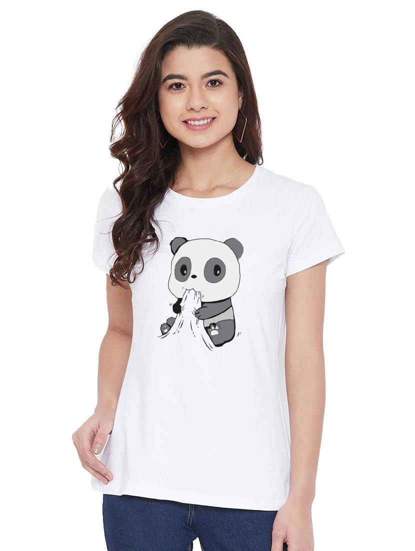Women's Cotton Blend Panda Bites Printed T-Shirt (White) - GillKart
