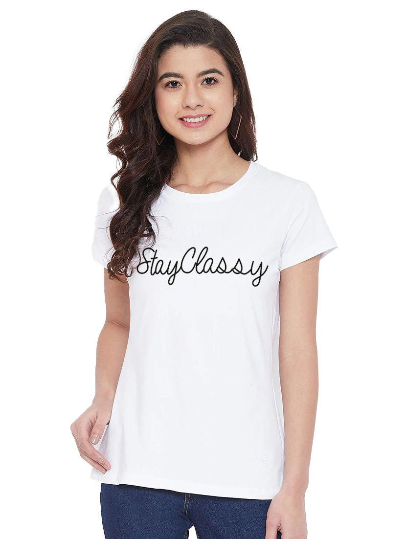Women's Cotton Blend Stay Classy Printed T-Shirt (White) - GillKart