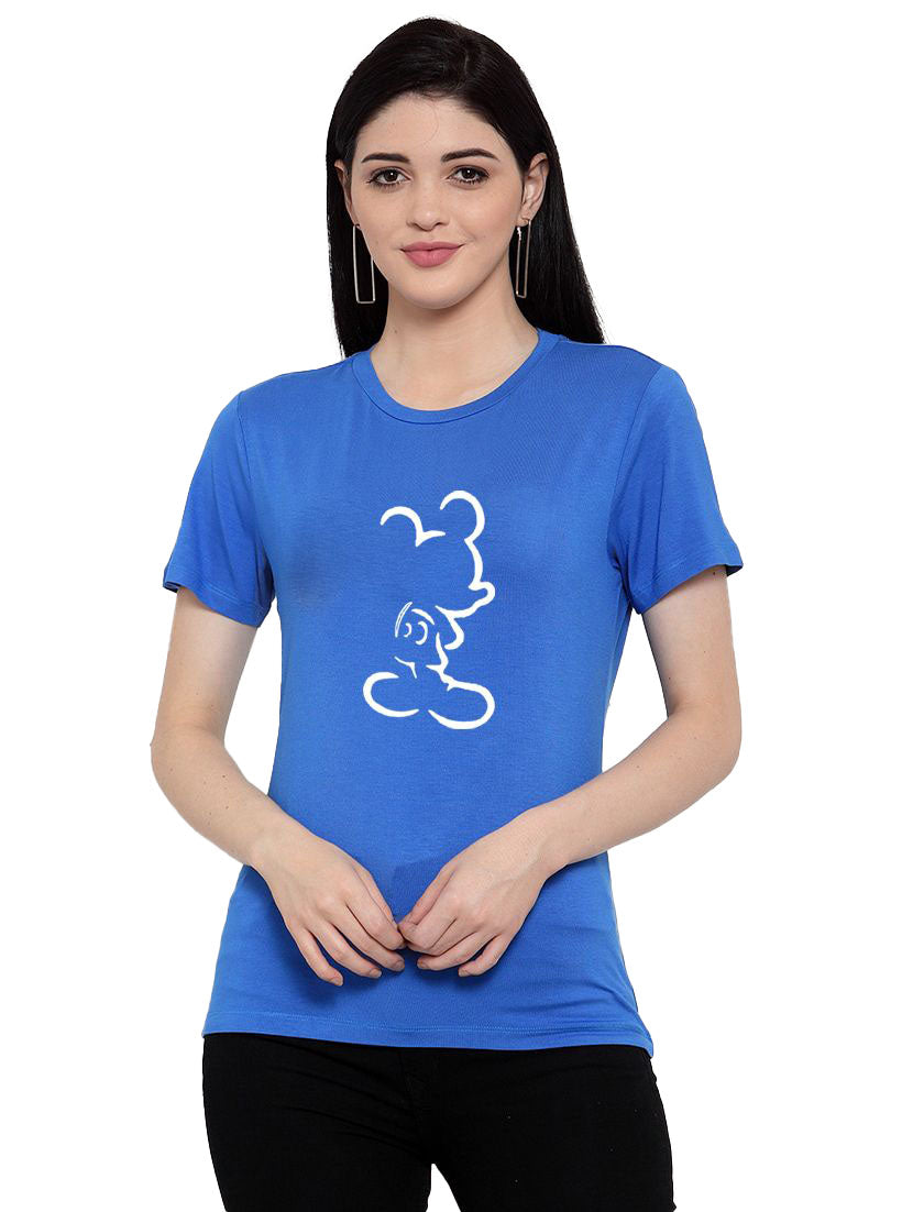 Women's Cotton Blend Mickey Mouse Line Art Printed T-Shirt (Blue) - GillKart