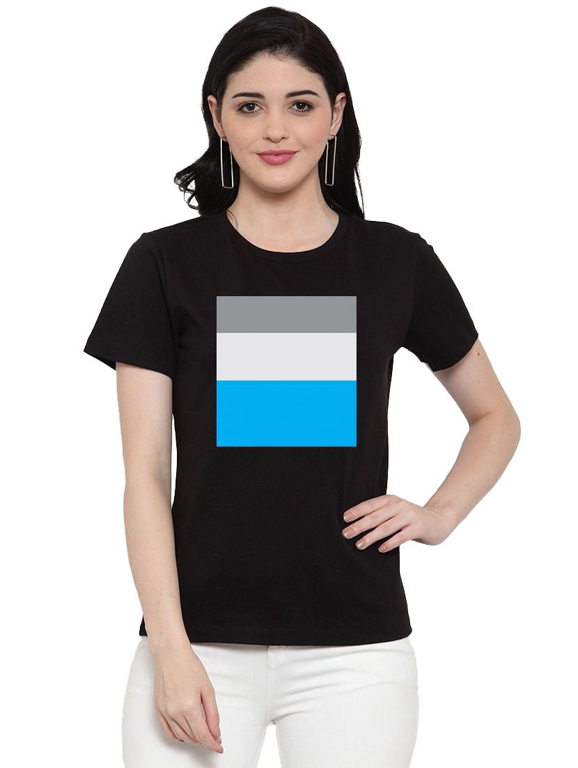 Women's Cotton Blend Three Color Strip Design Printed Printed T-Shirt (Black) - GillKart