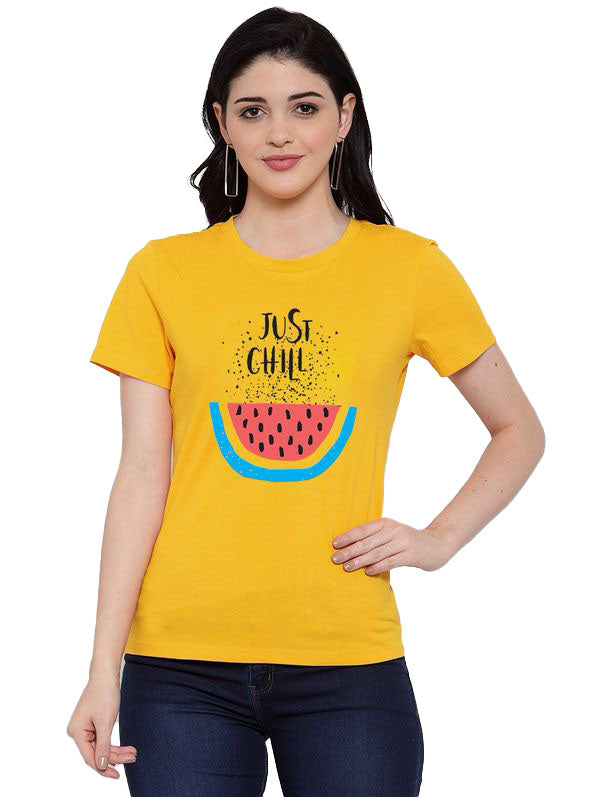 Women's Cotton Blend Just Chill Printed T-Shirt (Yellow) - GillKart