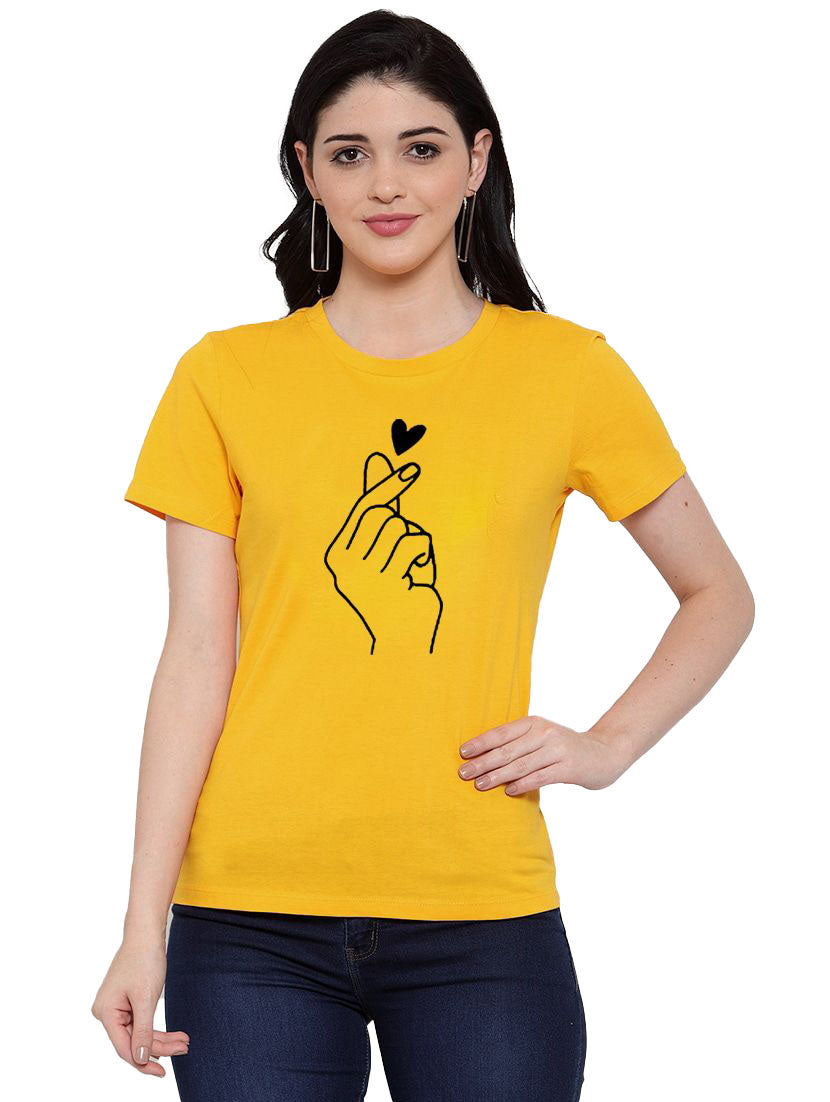 Women's Cotton Blend Hand Heart Line Art Printed T-Shirt (Yellow) - GillKart