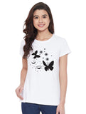Women's Cotton Blend Butterfly With Star Printed T-Shirt (White) - GillKart