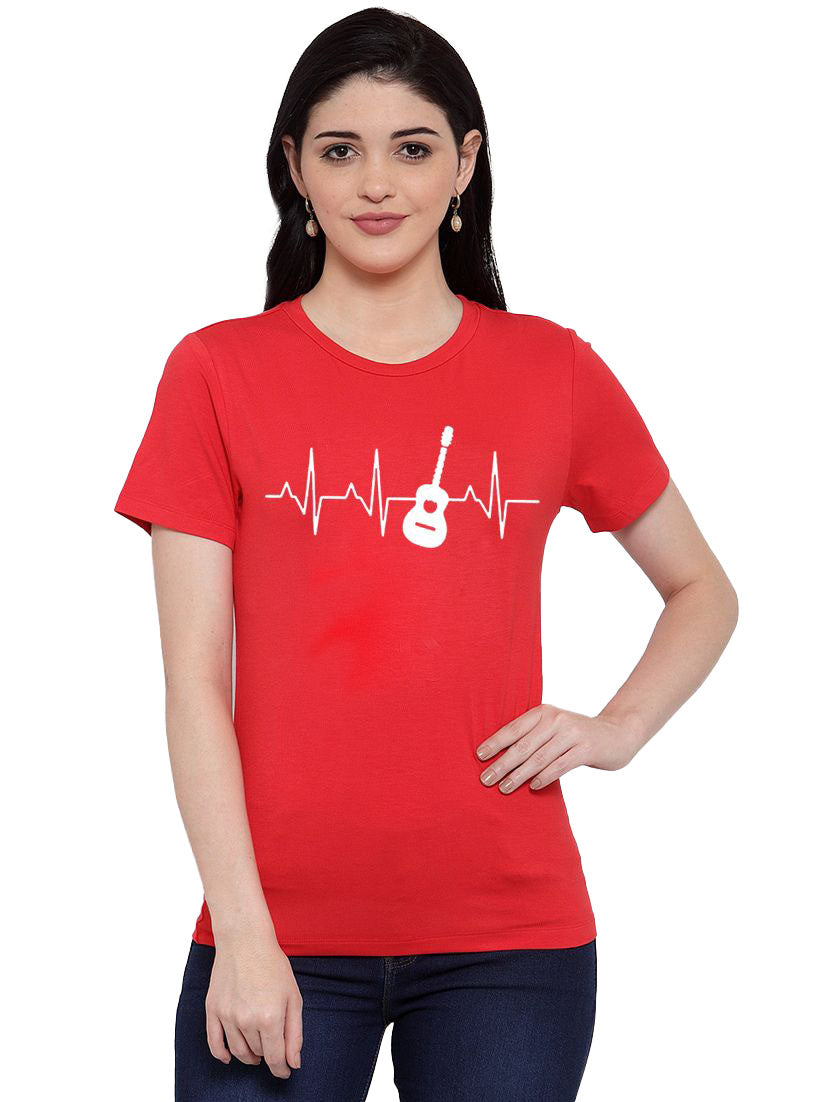 Women's Cotton Blend Bass Guitar Heartbeat Line Art Printed T-Shirt (Red) - GillKart