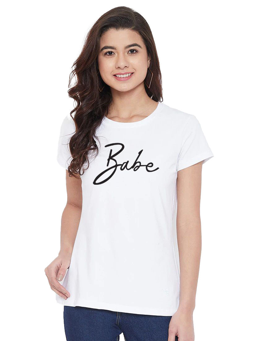 Women's Cotton Blend Babe Printed T-Shirt (White) - GillKart