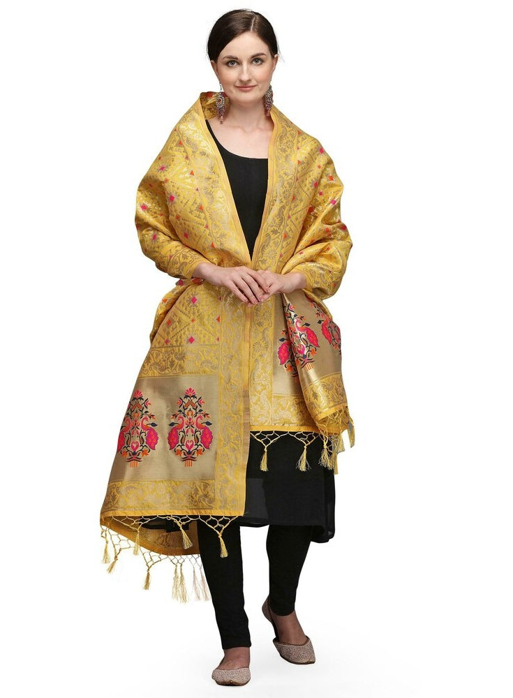 Mustard yellow silk pure Zari weaving Duppatta (length 223 mtrs), traditional wear with zalhar work pattern