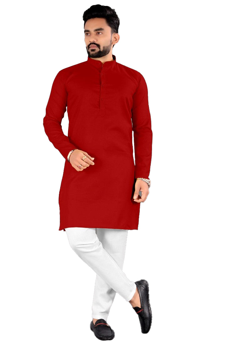 Men's Cotton Blend Straight Solid Kurta (Red) - GillKart