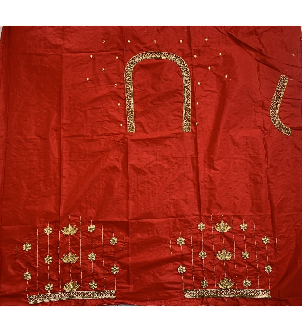 Red cotton silk self-design unstitched blouse piece for parties & festive occasions, no dry clean required