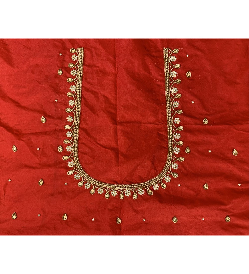 Red cotton silk unstitched blouse piece for party & festive occasions, self-design pattern, dry clean only