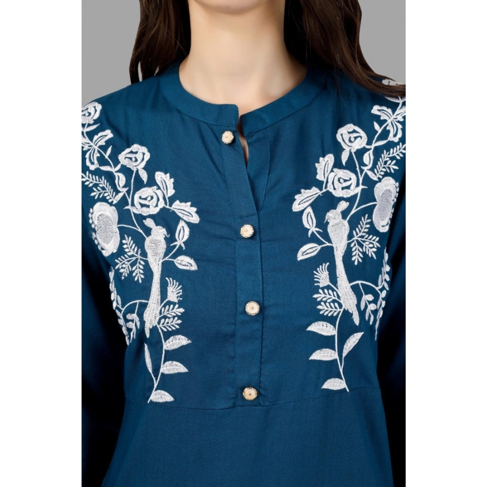 Women's Embroidered Calf Length Rayon Kurti (Light Blue) - GillKart